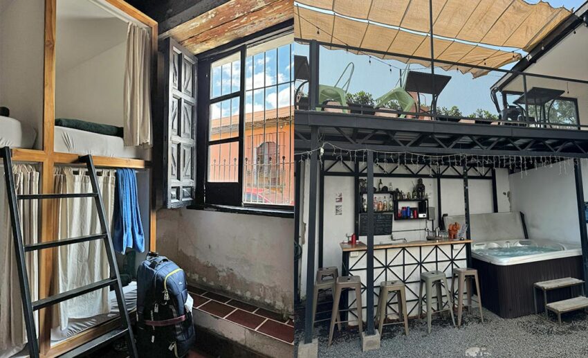 (Left) The clean, modern bunk beds at Somos Hostel; (Right) The communal outdoor area featuring a mini bar and a relaxing jacuzzi.