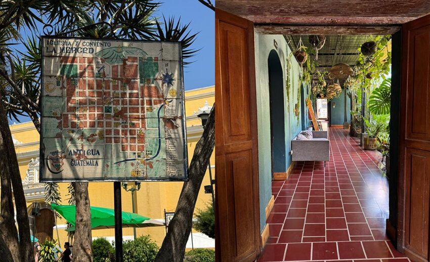 (Left) An informational floor plan sign outside a historic church; (Right) A lush courtyard framed by wooden doors, featuring turquoise arches and hanging flowers.
