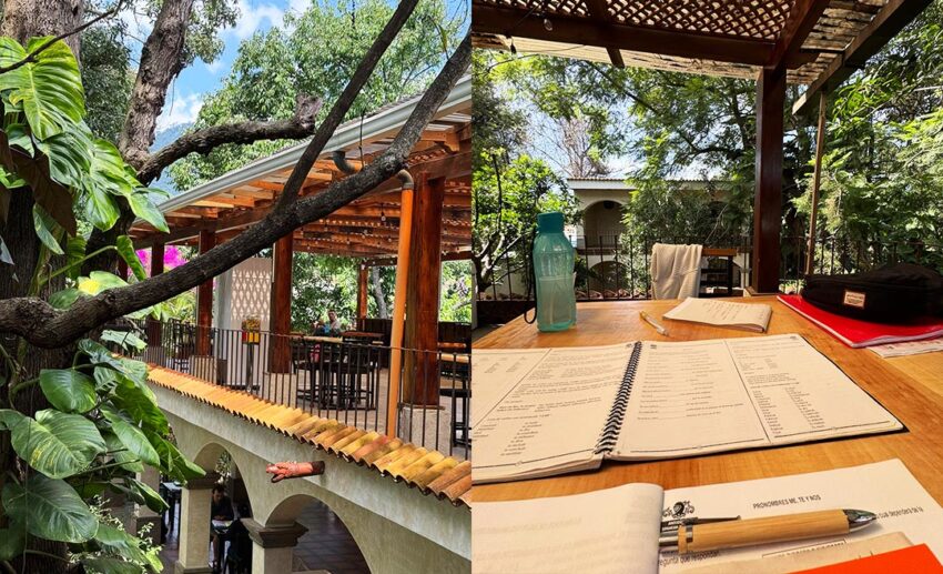 (Left) The leafy, green exterior of a balcony at Antigueña Spanish Academy; (Right) A close-up of a student’s notebook and coffee during a Spanish homework session in Antigua.