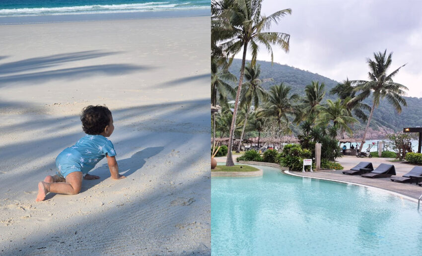 (Left) A candid shot of a one-year-old baby boy crawling happily along the shoreline of a sandy beach in Pulau Redang; (Right) A view of the large, main swimming pool at The Taaras Beach & Spa Resort.