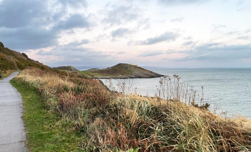 A scenic walking pathway along the green cliffs of Caswell Bay, overlooking the Bristol Channel in winter.