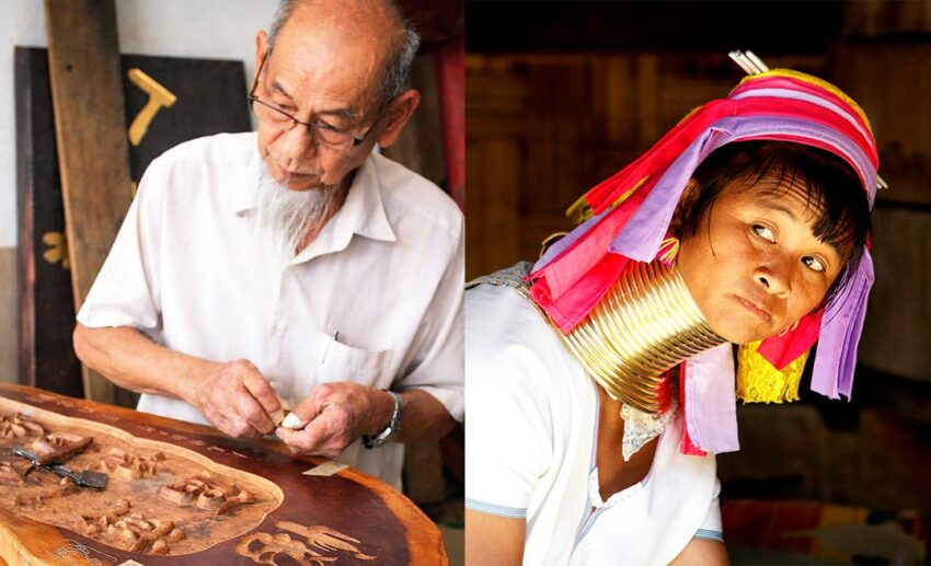 A two-image collage: (Left) Mr Lee Hong carving Chinese characters into wood in Taiping, Malaysia; (Right) A Kayan woman in traditional attire wearing golden neck rings and a colourful hat in Northern Thailand.