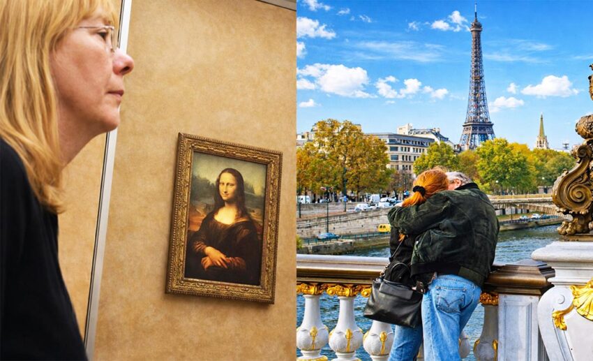 A two-image collage: (Left) An inconspicuous shot of the Mona Lisa painting in the Louvre with a visitor passing by; (Right) The backs of a man and woman embracing on a bridge in Paris with a view of the Eiffel Tower.