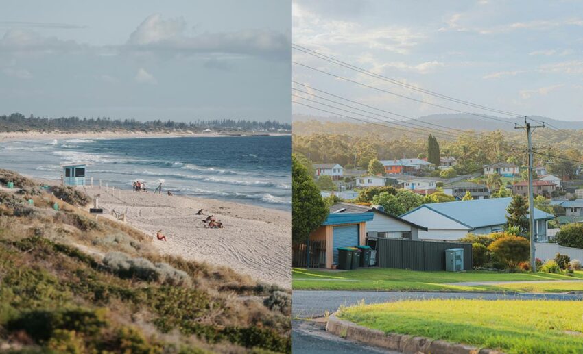 (Left) A quiet sandy beach in Perth, Western Australia; (Right) A peaceful suburban neighbourhood street with houses and lush green trees.