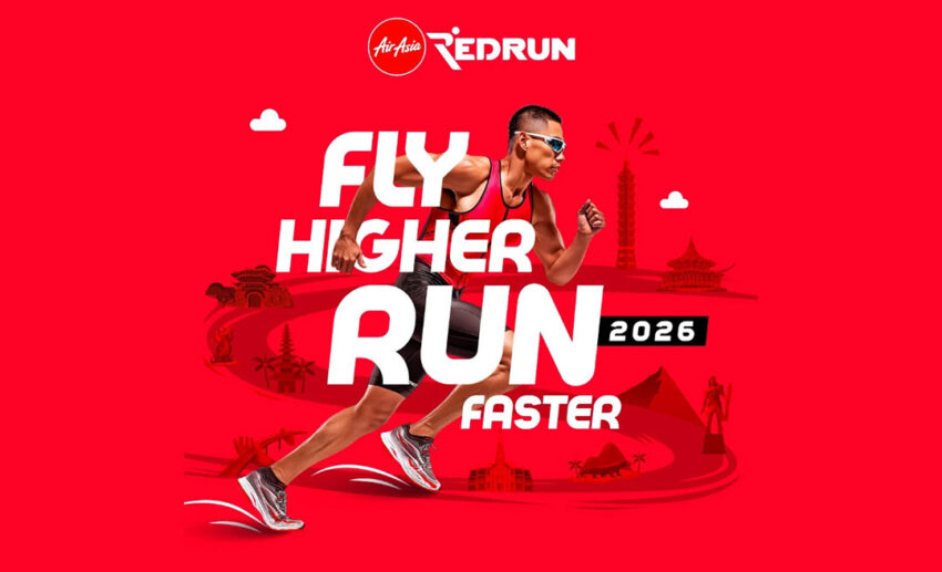 Official promotional poster for AirAsia RedRun 2026, detailing the seven-city regional running series across Asia.