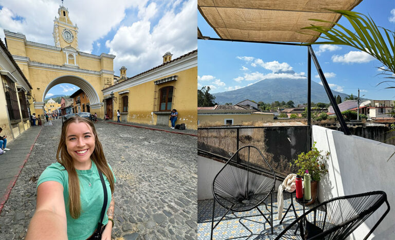 (Left) Annabelle Christie, a female traveller taking a selfie in front of the yellow Santa Catalina Arch; (Right) A view from a rooftop balcony overlooking the majestic Volcán de Agua in Antigua, Guatemala.