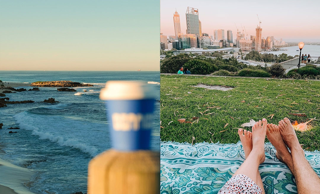A two-image collage of life in Perth, Australia: (Left) A morning ritual with a coffee cup at Bennion Beach; (Right) A couple relaxing on a picnic blanket at Kings Park and Botanic Garden overlooking the Perth city skyline.