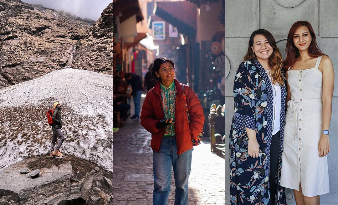 Malaysian women leaders: (Left) Aida Ihsani hiking with a backpack toward Annapurna Base Camp in the Himalayas; (Middle) Roshinee Mookaiah walking down a narrow market street in the Marrakech Medina, Morocco; (Right) Annice Lyn and Aisha Nazar smiling at a Women Photographers Malaysia brunch event.