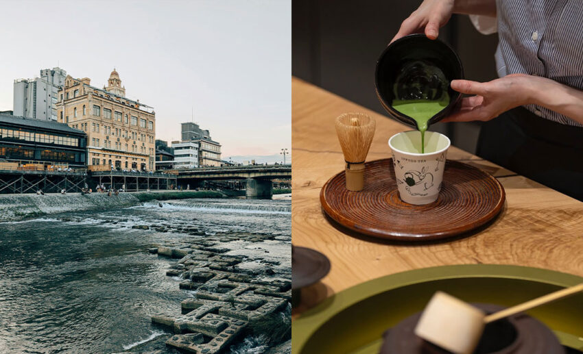 A two-image collage showing (Left) the Kamogawa River flowing through Kyoto city past urban buildings; (Right) a close-up of a person’s hands holding a takeaway cup of hot matcha and a steamed sweet potato from Ippodo Tea.