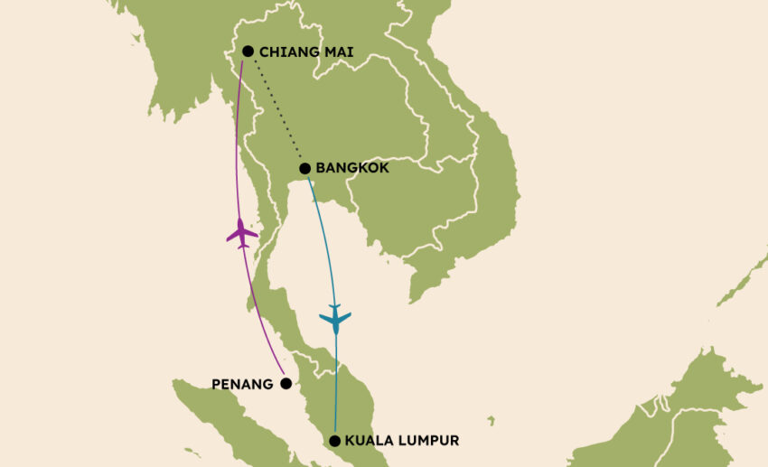 A map diagram illustrating a double open jaw flight: flying from Penang to Chiang Mai, and returning from Bangkok to Kuala Lumpur.