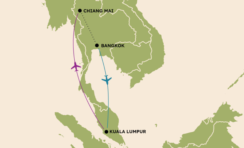 A map diagram illustrating a destination open jaw flight: flying from Kuala Lumpur to Chiang Mai, and returning to Kuala Lumpur from Bangkok.