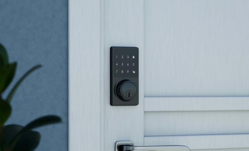 Close-up of a modern digital door lock with a numbered keypad on a sleek door handle.