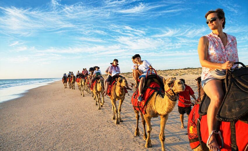 A line of travellers riding camels along the shoreline of Cable Beach at sunset in Broome, Western Australia.