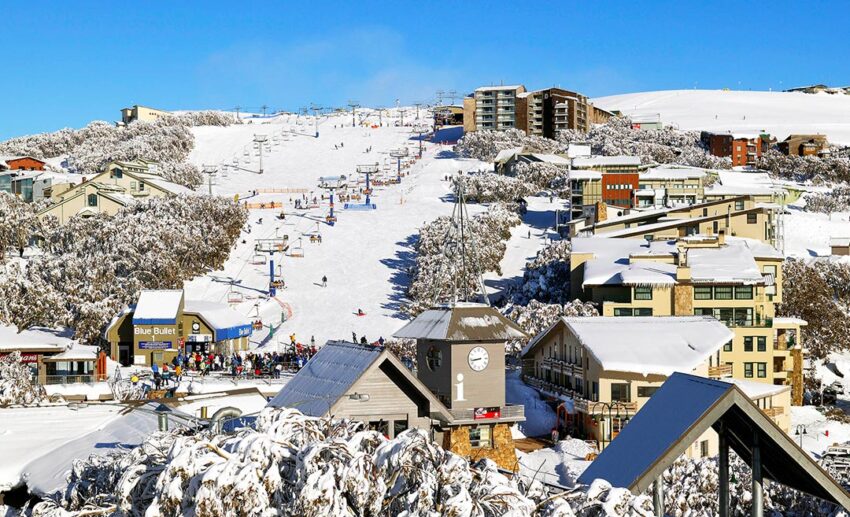 The snow-capped mountain resort town of Mount Buller, Victoria, showing alpine architecture and ski slopes during the winter season.