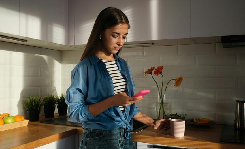 A woman standing in a kitchen looking intently at her mobile phone, managing travel disruptions and coordinating a complex flight reroute.