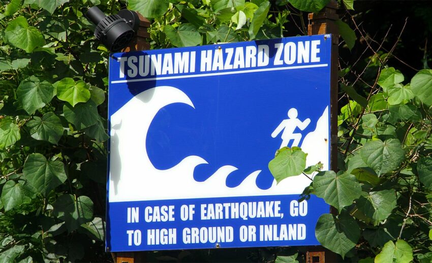 A blue and white Tsunami Hazard Zone sign on a coastal road, instructing people to move to higher ground or inland in the event of an earthquake.