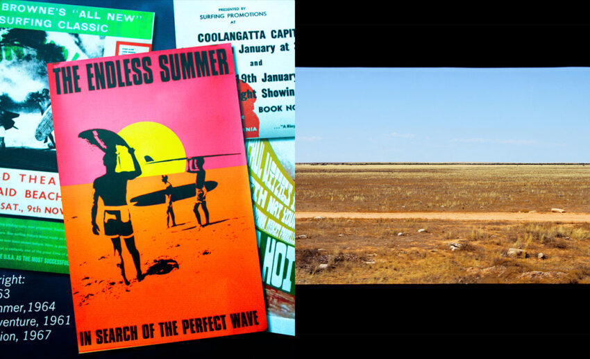(Left) A flat lay featuring a vintage "The Endless Summer" surf documentary poster surrounded by travel memorabilia; (Right) The dry, golden Australian outback viewed through the window of a darkened, air-conditioned Indian Pacific train carriage.
