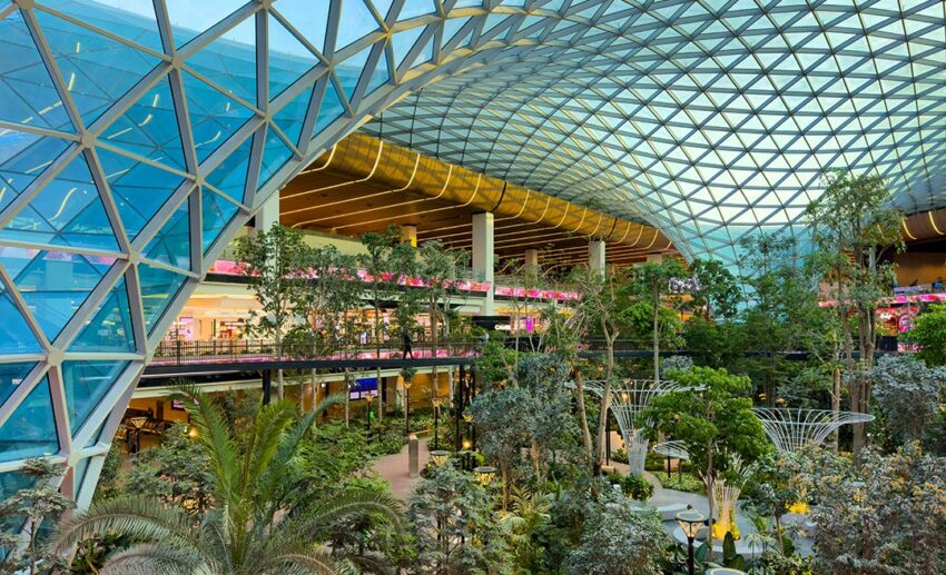 Interior view of the lush, green HIA New Terminal in Doha, Qatar, featuring indoor trees and plants within the airport transit area.