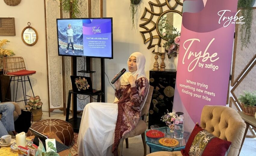 Adventurer Aida Ihsani speaking during her Trail Talk session at the Trybe by Zafigo women's hiking event, sharing how small choices lead to personal growth.