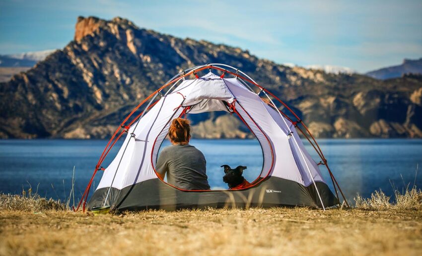 A woman and her pet dog relaxing inside a camping tent pitched near a lakeside beach during an extended sabbatical.