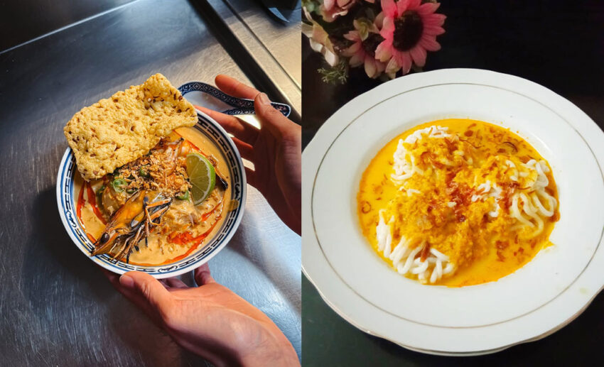 Two-image collage of Indonesia's variations of a laksa, a type of noodle soup found in Southeast Asia: (left) Laksa Betawi; (right) Laksa Banjar.