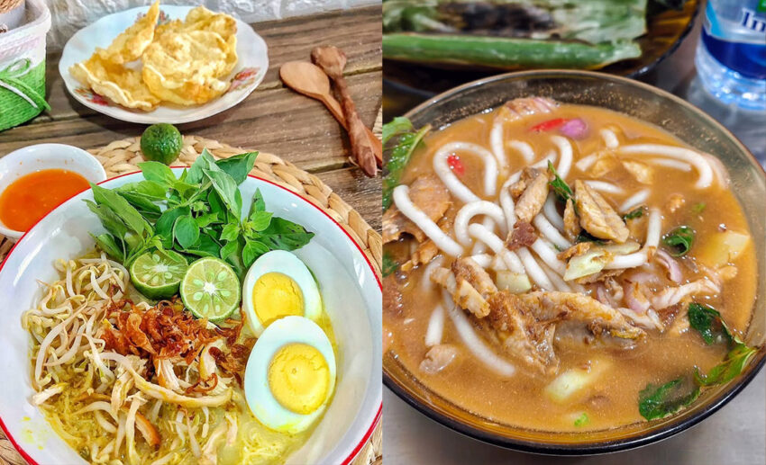 Two-image collage of Indonesia's variations of a laksa, a type of noodle soup found in Southeast Asia: (left) Laksa Bogor; (right) Laksa Medan.