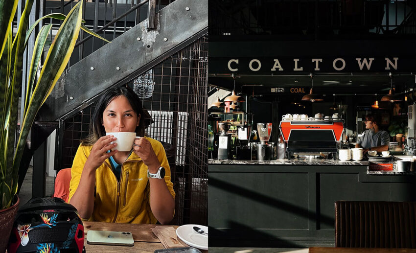 Collage showing a woman drinking a hot cup of chai tea and the modern island service counter inside Coaltown Coffee Roasters in South Wales.
