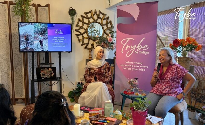 Zafigo founder Marina Mahathir and adventurer Aida Ihsani holding an open conversation during the fireside chat at the Trybe by Zafigo hiking community gathering.