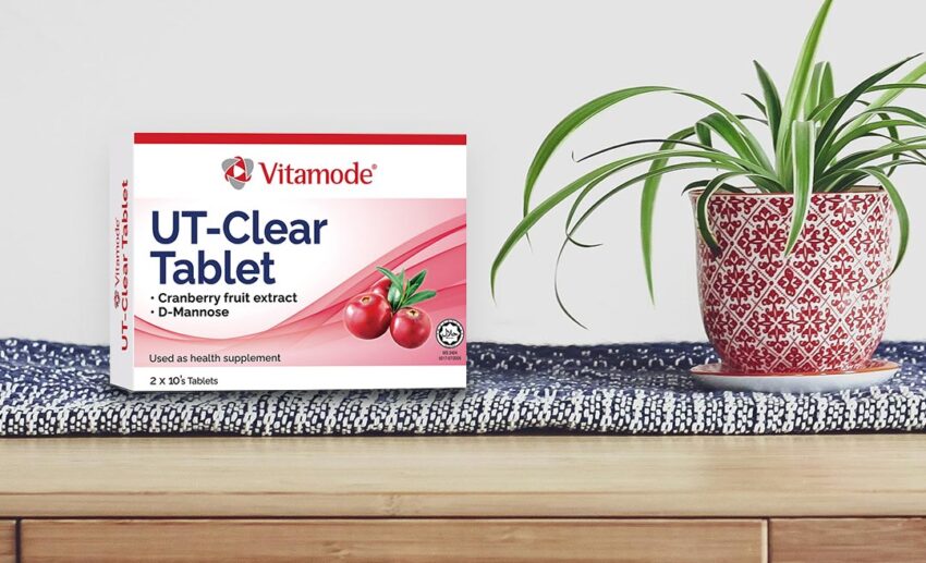 A box of Vitamode UT-Clear Tablets displayed clearly on a clean, modern tabletop.