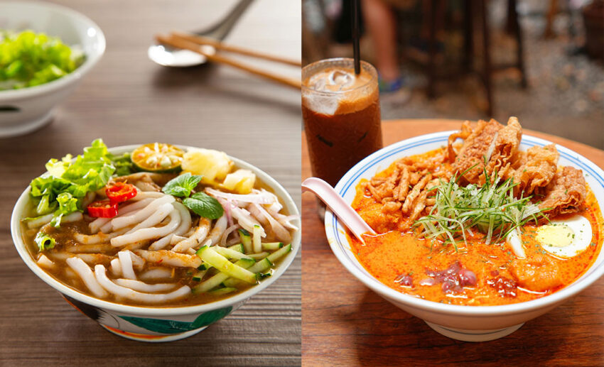 A two-image collage showcasing regional variations of laksa. (Left) A bowl of tangy Penang Asam Laksa with thick noodles and herbs, celebrated on global food lists. (Right) A rich, creamy Melaka Nyonya Laksa Lemak with a coconut curry broth, tofu puffs, and fresh garnishes.