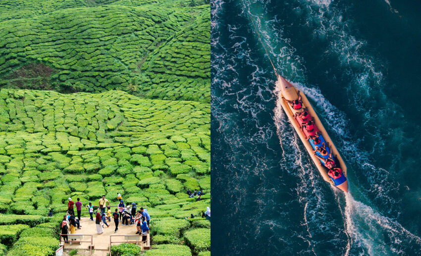 A serene travel collage featuring the emerald green tea plantations of Cameron Highlands and a solitary boat floating on clear blue island water in Malaysia, capturing quiet getaways and slow travel.