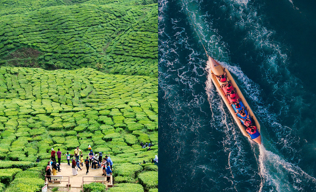 A serene travel collage featuring the emerald green tea plantations of Cameron Highlands and a solitary boat floating on clear blue island water in Malaysia, capturing quiet getaways and slow travel.
