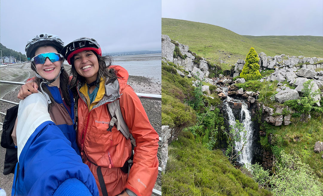 Travel collage featuring a women's cycling day trip in Wales and a scenic rushing waterfall on the Black Mountain trail, capturing slow living travel.