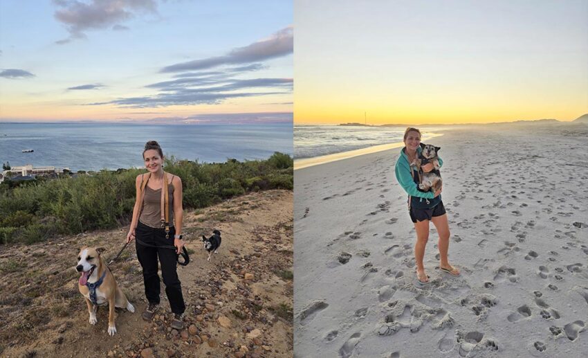 Collage of a woman hiking with two dogs on a hill and embracing a dog on the beach during a long term house sitting assignment in Cape Town.