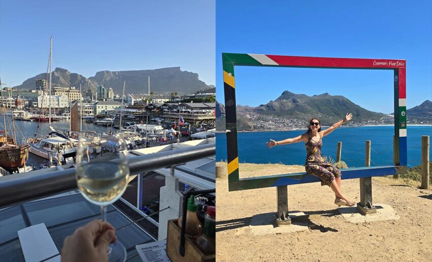Collage showing a woman toast a glass of white wine at the Cape Town docks and posing at a scenic viewpoint, highlighting how to move abroad alone.