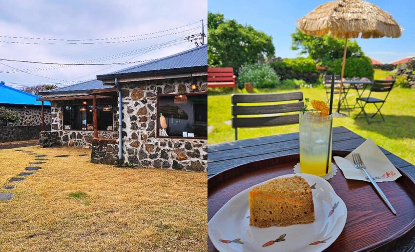 A side-by-side collage showing the minimalist stone exterior of the Doldam Carrot Cafe on the left, and a tray with a slice of moist carrot cake and a sparkling carrot soda set on an outdoor table on the right.