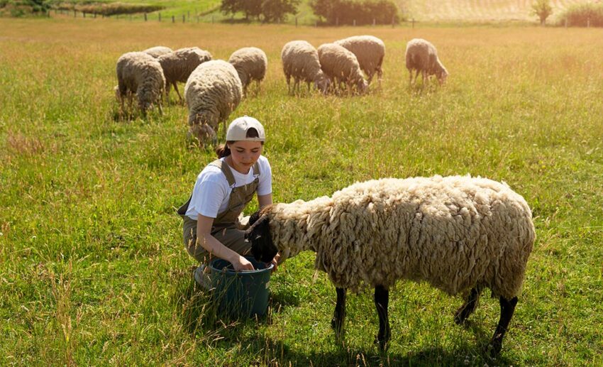 Full shot of a young female volunteer working as a shepherd and feeding a flock of sheep on a farm, demonstrating a global work and cultural exchange programme.