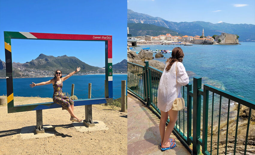 A two-image photo collage showing travel writer Jessica Holmes during her global travels, featuring a view of Cape Town on the left and a scenic landscape in Montenegro on the right.