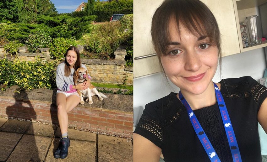 A dual photo collage featuring Jessica Holmes on her final day as a major crime investigator for the UK police force, contrasted with a peaceful scene of her during a travel house sitting assignment with a dog.