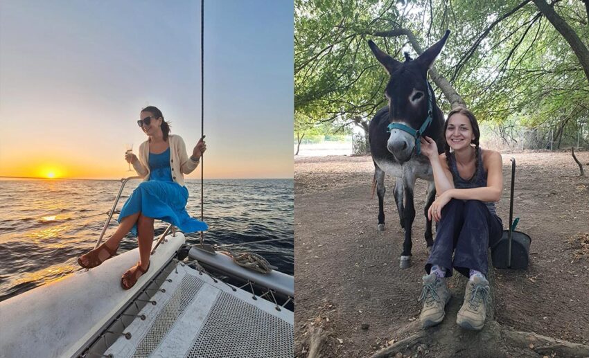 A side-by-side photo collage showing travel writer Jessica Holmes enjoying a coastal sunset cruise after completing a freelance work shift, and volunteering at a rural donkey sanctuary in Greece.