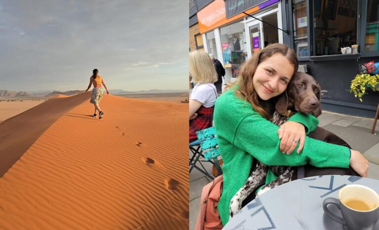 Travel collage featuring a woman climbing sand dunes in Namibia and a solo female traveller hugging a pet dog at an outdoor cafe, illustrating house sitting solo female travel.