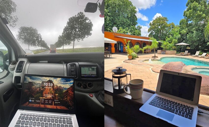 A side-by-side photo collage showing travel writer Jessica Holmes working on a laptop from the passenger seat of a moving vehicle, and managing freelance writing assignments poolside at a hostel in Zambia.