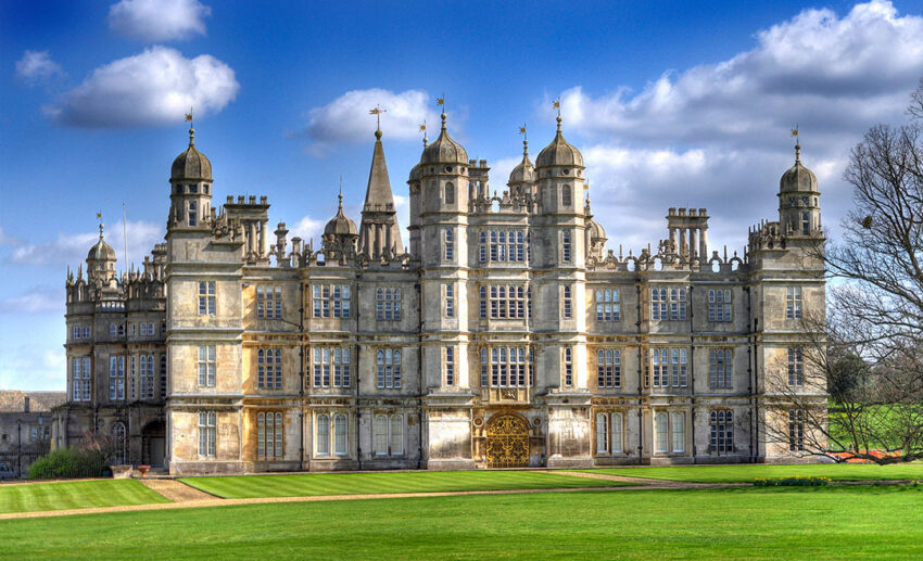 The grand Elizabethan stone façade of Burghley House near Stamford, Lincolnshire