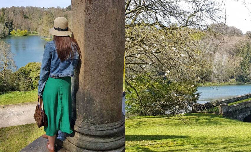 Two-image collage showing travel writer Jessica Holmes looking out over the landscape at Stourhead Gardens, alongside a wide view of the estate’s lake and grounds