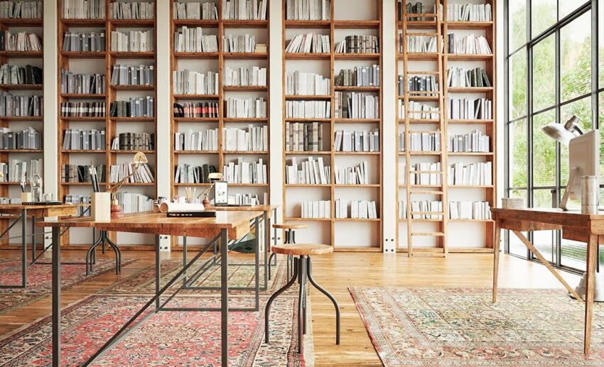 Sunlit interior of a rustic library with tall wooden bookshelves, warm light, and stacked books