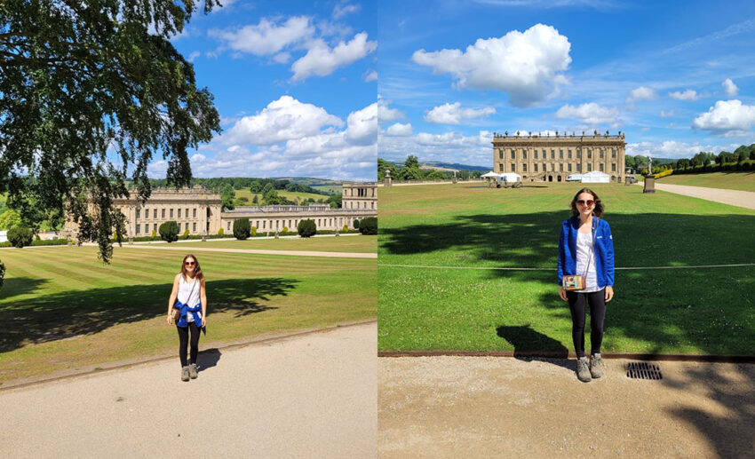 Two-image collage of travel writer Jessica Holmes posing outside Chatsworth House in Derbyshire during a Pride and Prejudice filming location road trip