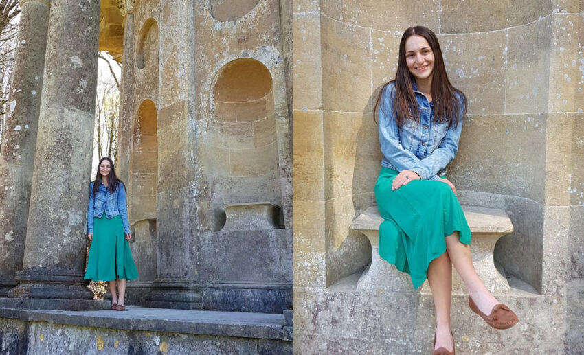 Two-image collage of travel writer Jessica Holmes standing and sitting inside the Temple of Apollo at Stourhead Gardens in Wiltshire