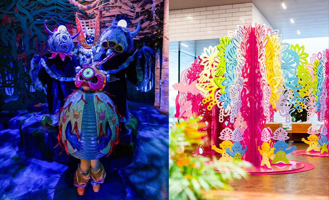 A two-photo collage showing the interactive Phenomenomaly performance at the Flickerwerm Portal inside Meow Wolf Santa Fe on the left, and a colourful tree installation inside the Forest of Dreams at LEGO House in Billund on the right.
