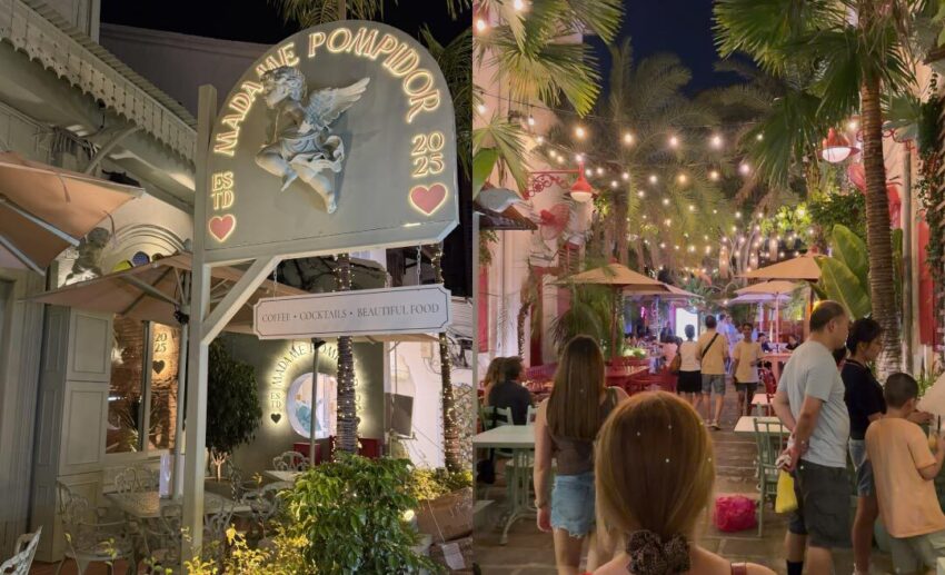 A photo collage showing two exterior shots of Madame Pompidor restaurant in Melaka, captured by the author during her weekend trip.