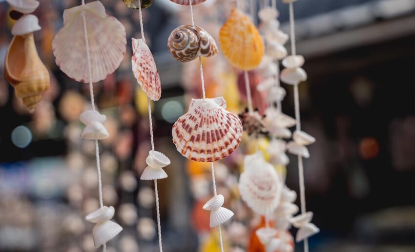 A delicate handmade souvenir piece crafted from various colourful sea shells, displayed on a wooden surface.